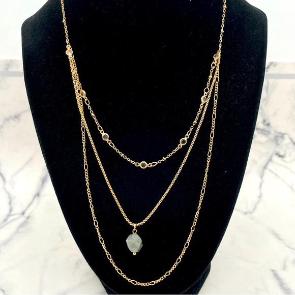 New Jolli Molli Layered Necklace Grey Stone Accent Gold Tone Chain - Picture 1 of 5